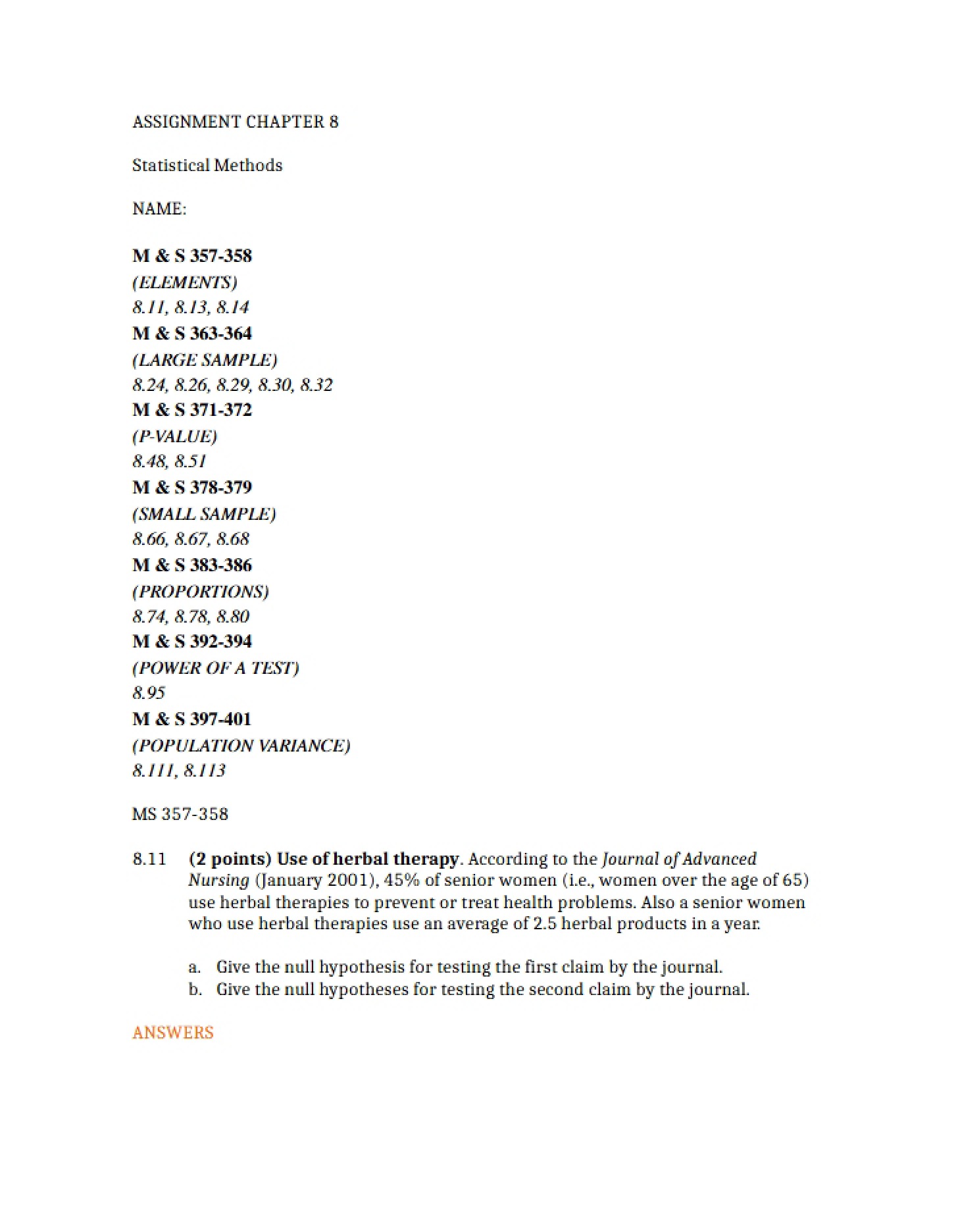 Chapter 8 Assignment Statistical Methods
