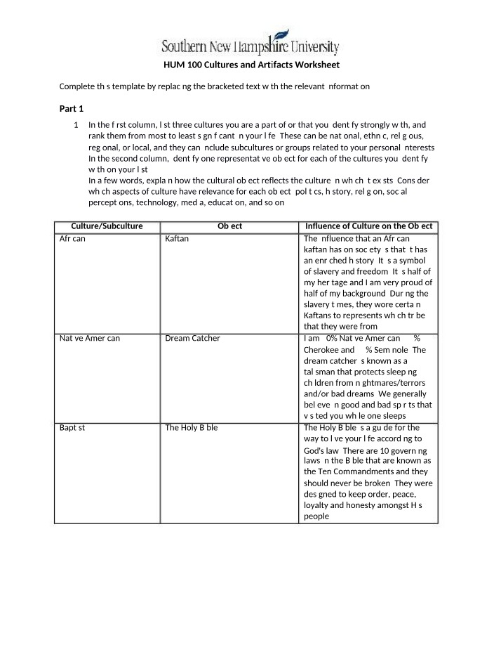 Worksheet - HUM 100 Cultures and Artifacts
