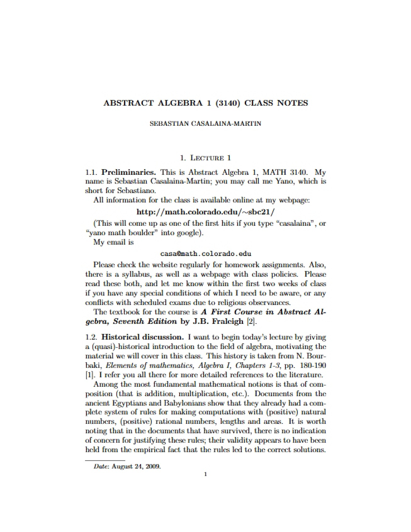 Lecture Notes for Abstract Algebra 1