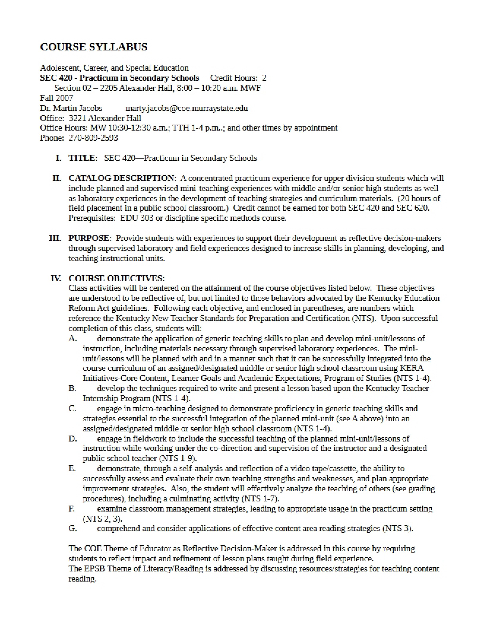 Syllabus - Practicum in Secondary Schools