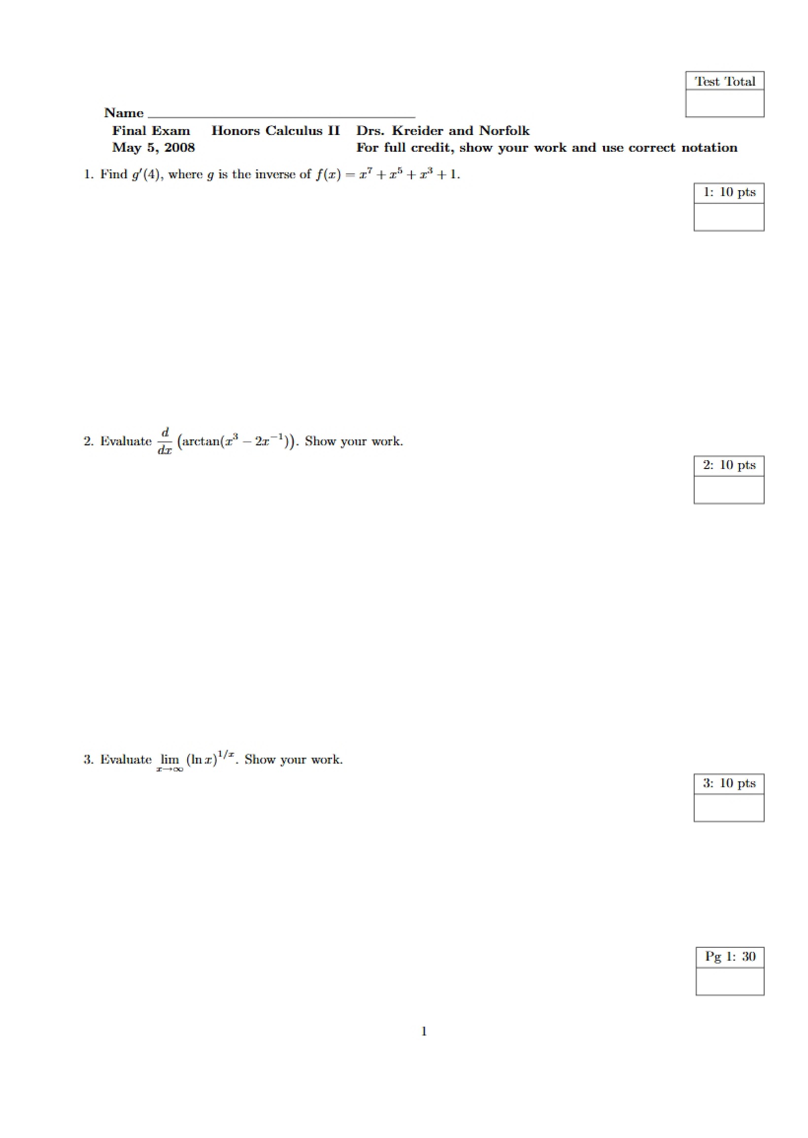 Calculus II Final Examination