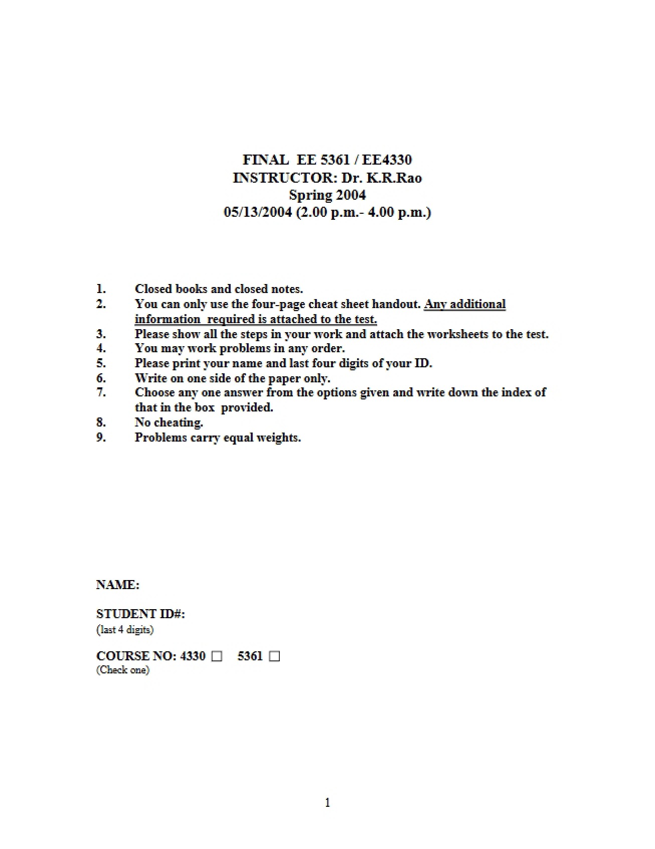 Final Exam EE 4330