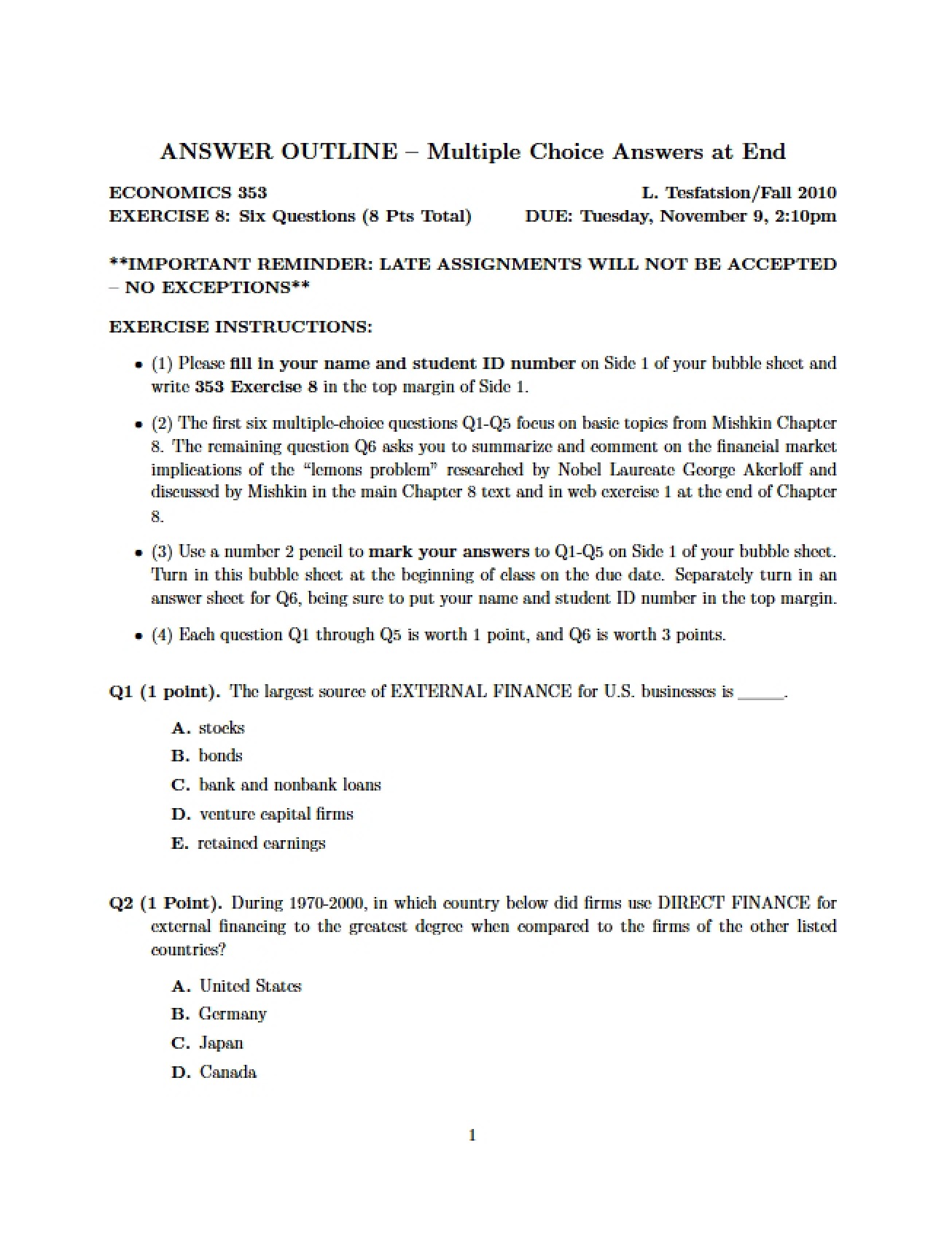 Eighth Exercise A Set of Six Questions