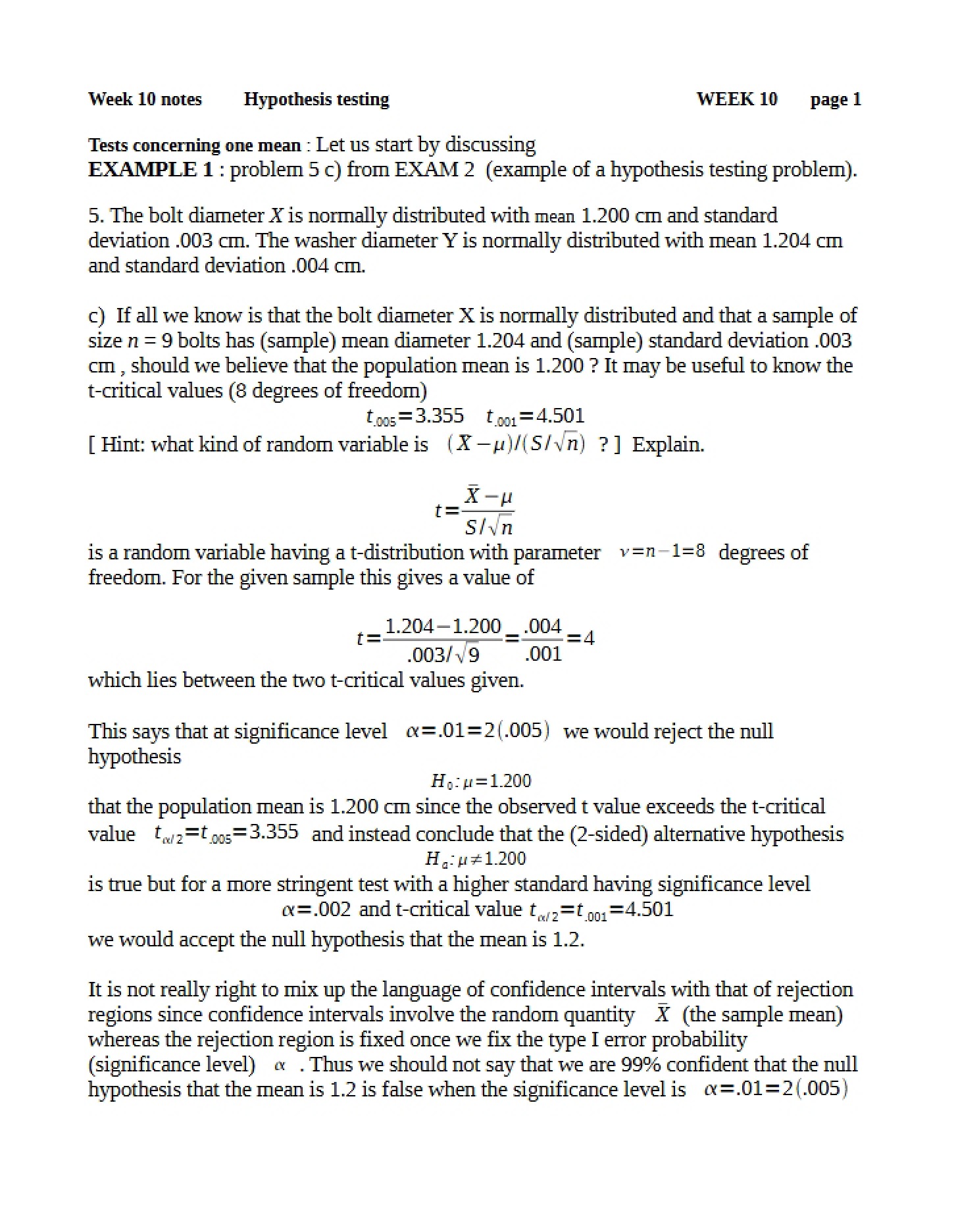 Hypothesis Testing Week Ten Notes