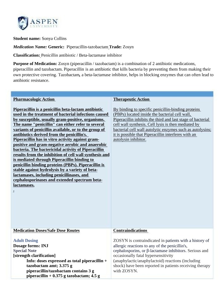 Zosyn, Zocor, and Norvasc Medication Sheets