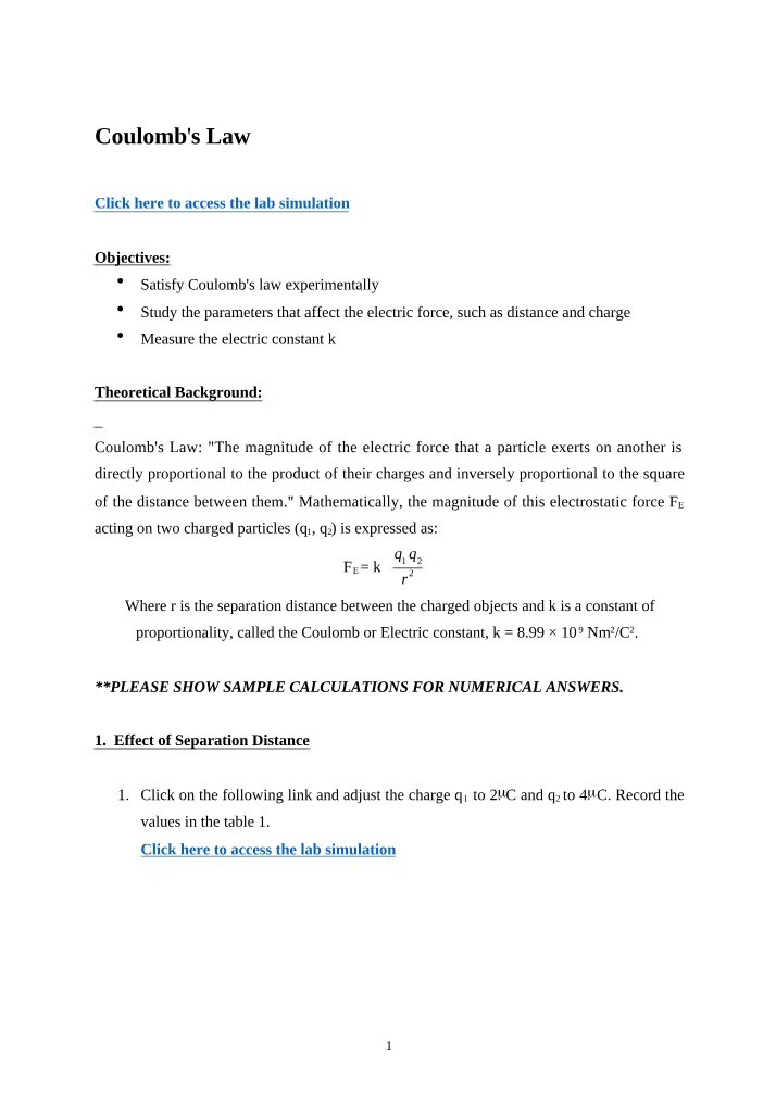 Coulomb's Law and Electric Force - Experimental Lab