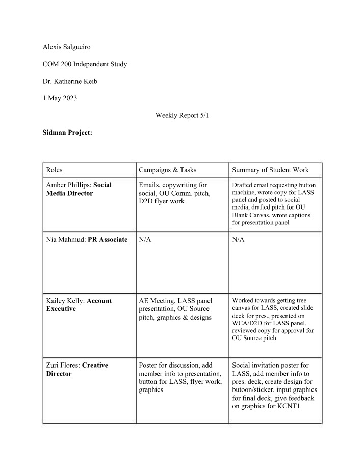 Report for the Week of 5-1