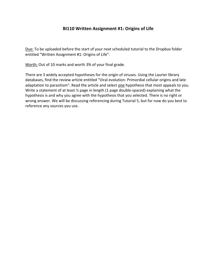 Written Assignment #1 on the Origins of Life