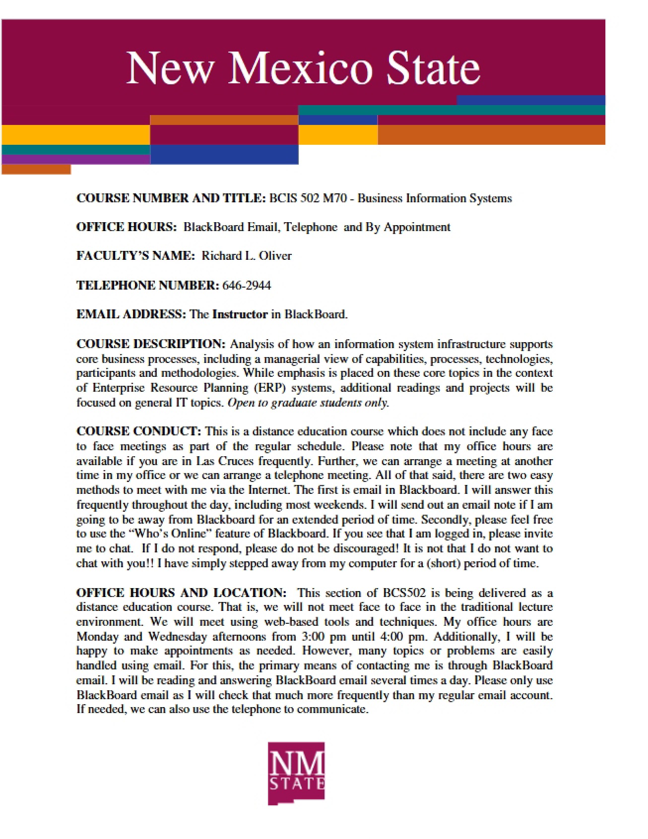 Business Information Systems Syllabus from Spring 2011 by Dr. Richard Oliver