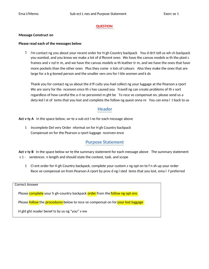 Exercise 1 - Subject Lines and Purpose Statement