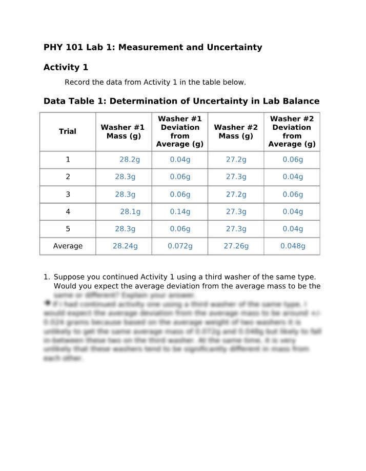 PHY 101 Lab 1 Activity 1 - Measurement and Uncertainty