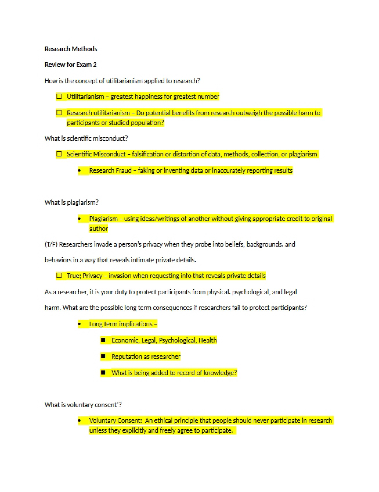 Exam Two Review Research Methods