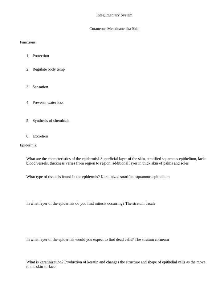 Notes on the Integumentary System
