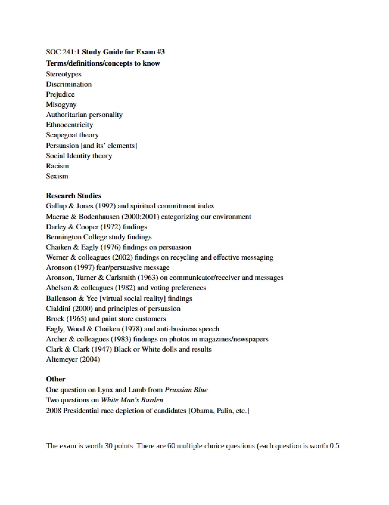 Exam 3 Study Guide for SOC 241