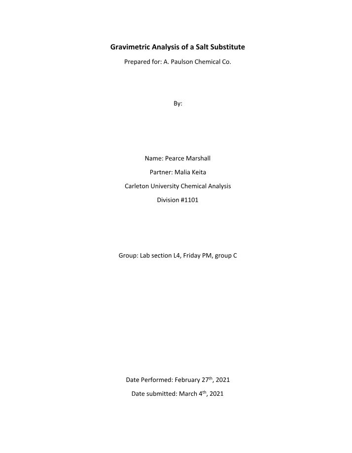 Determining Chloride Content in a Salt - Gravimetric Analysis
