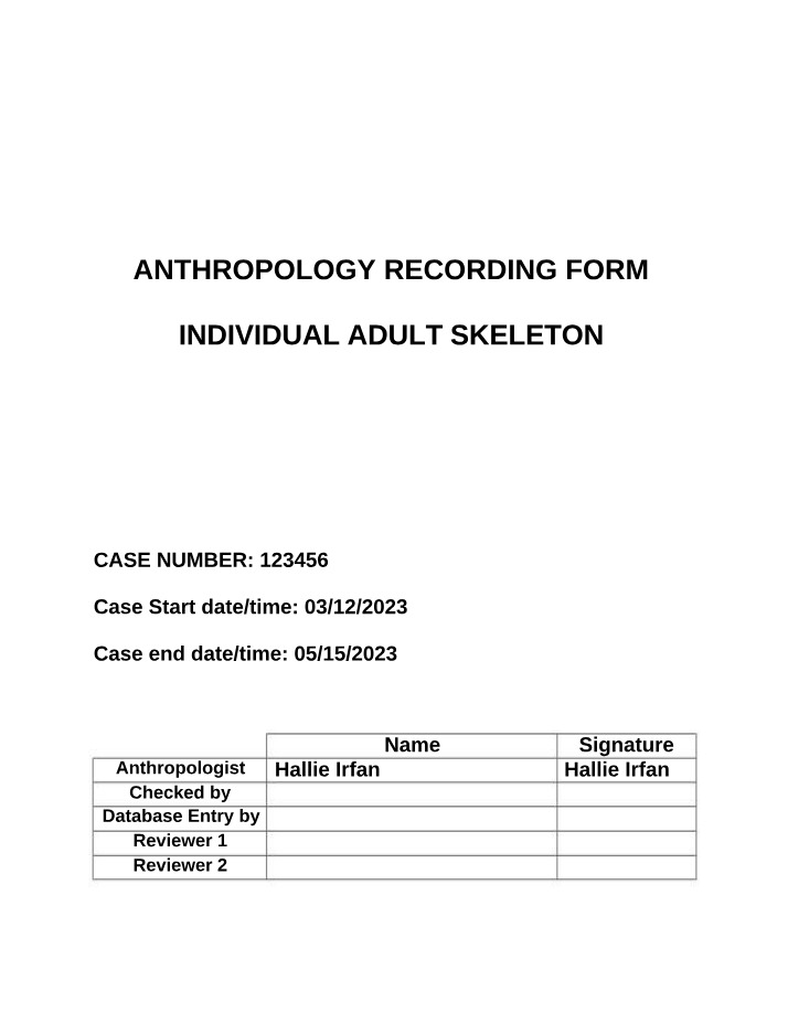 Worksheet on Forensic Examination of Skeletal Remains