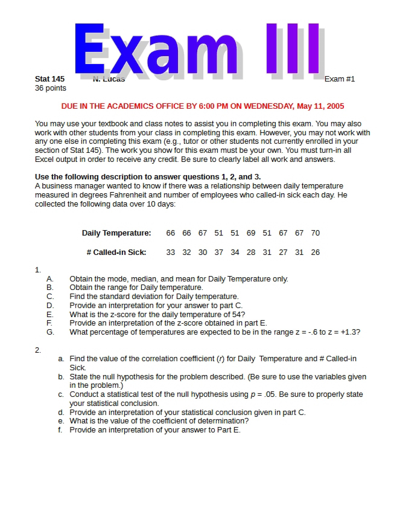 Third Examination for Statistics - Introduction to Statistics