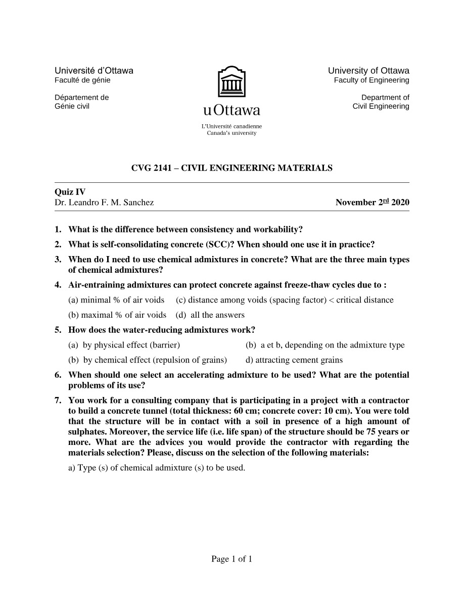 Quiz IV - Civil Engineering Materials