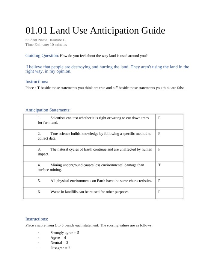 Anticipation Guide for Land Use