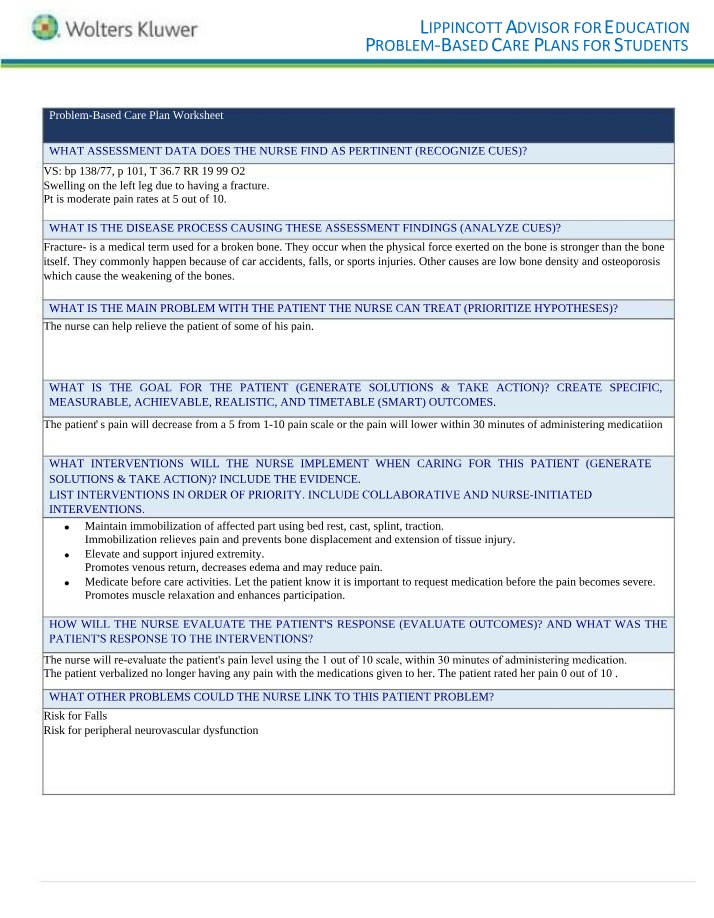 Worksheet for Problem-Based Care Plans