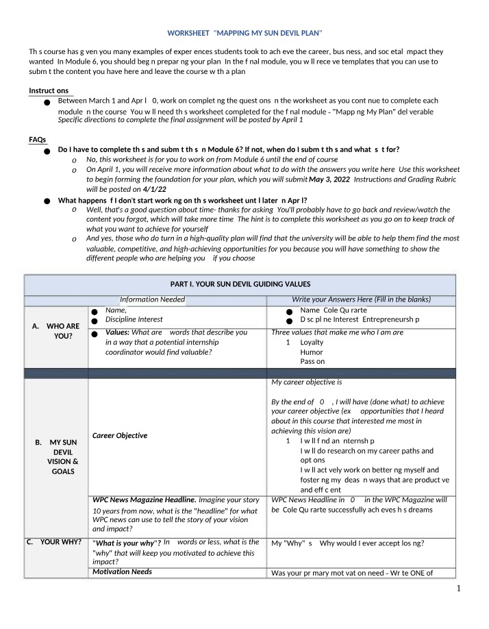 Worksheet for ASU MAP MY PLAN