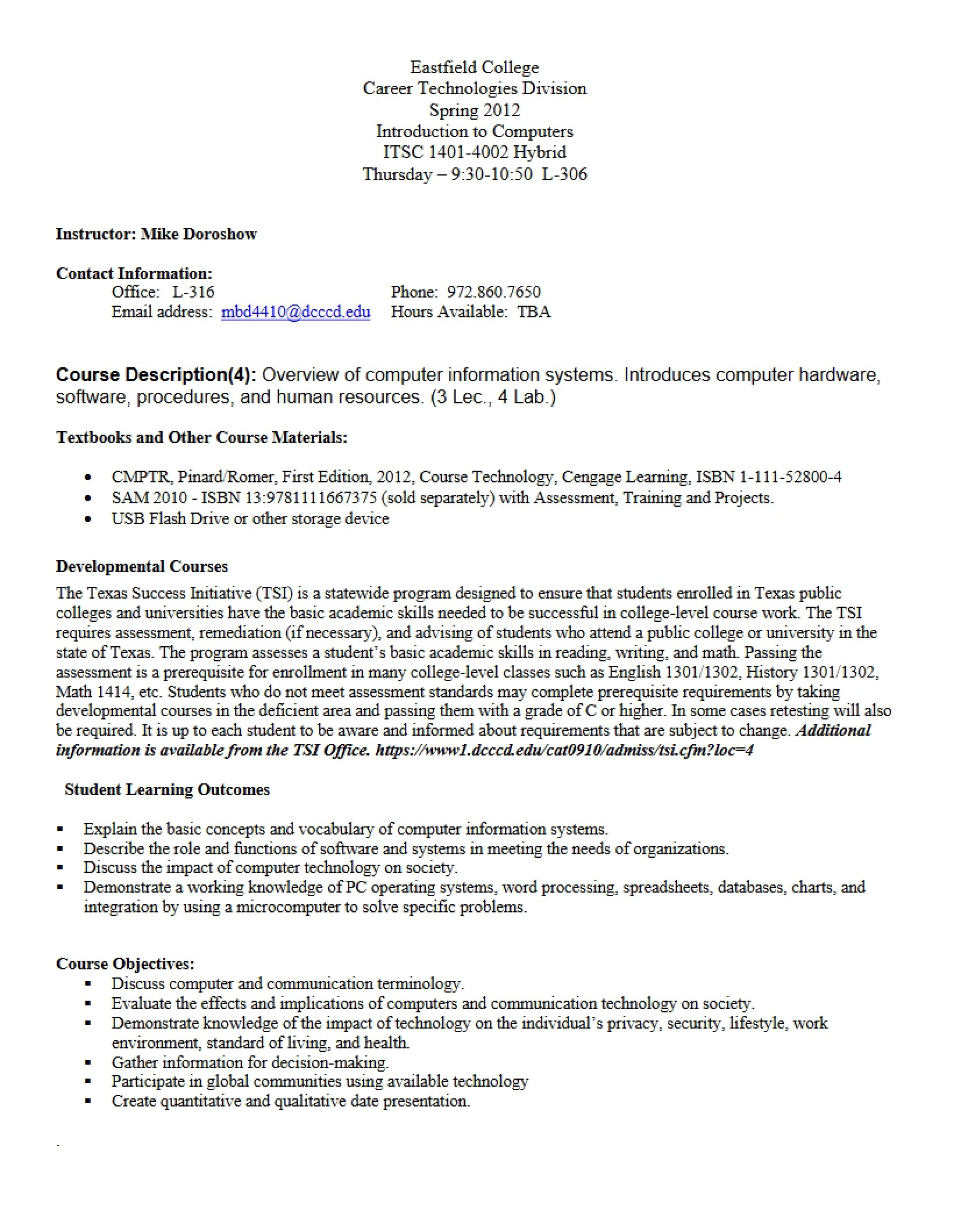 Syllabus for Introduction to Computers - 5 Pages