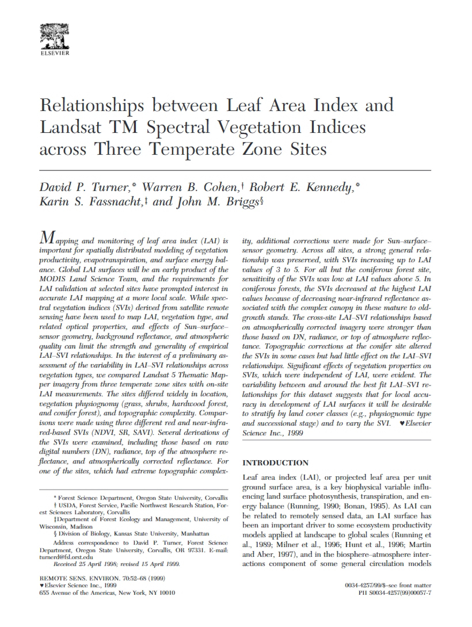 Landsat TM Spectral Vegetation Indices and Leaf Area Index Relationships