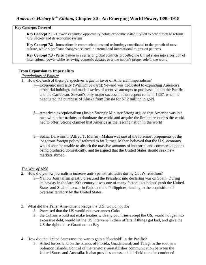 America's History Chapter 20 - An Emerging World Power