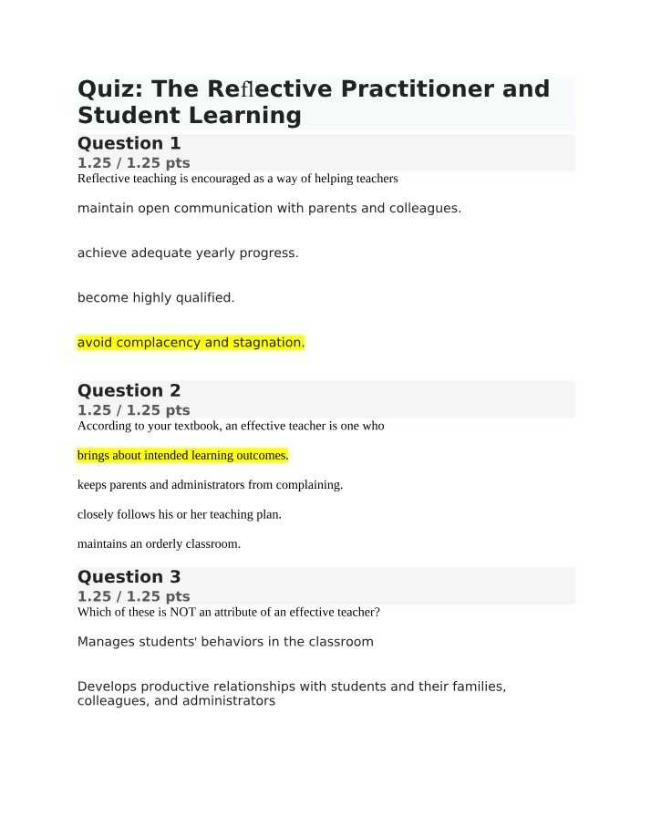 Reflective Practitioner and Student Learning Quiz