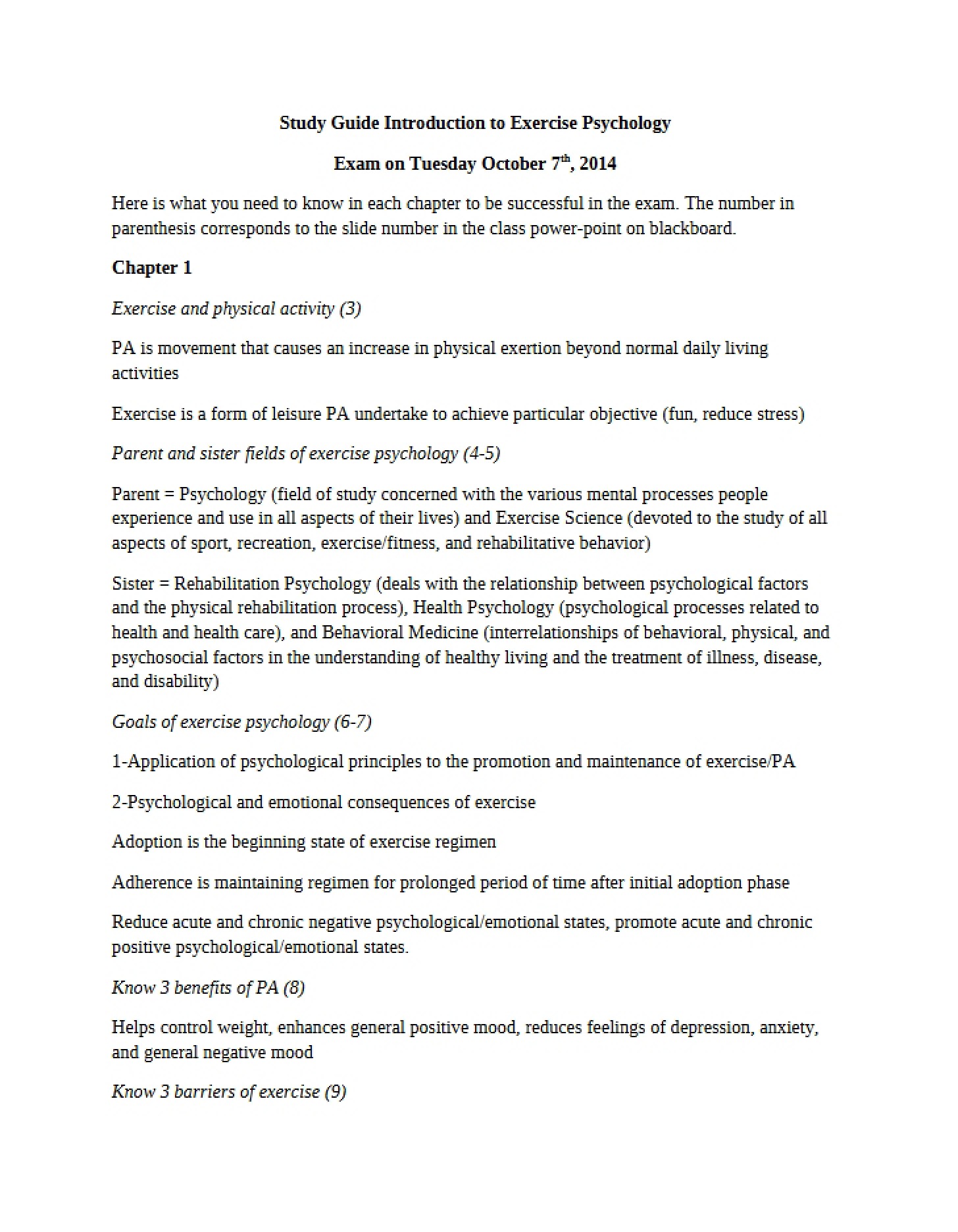 Exercise Psychology Prep Manual