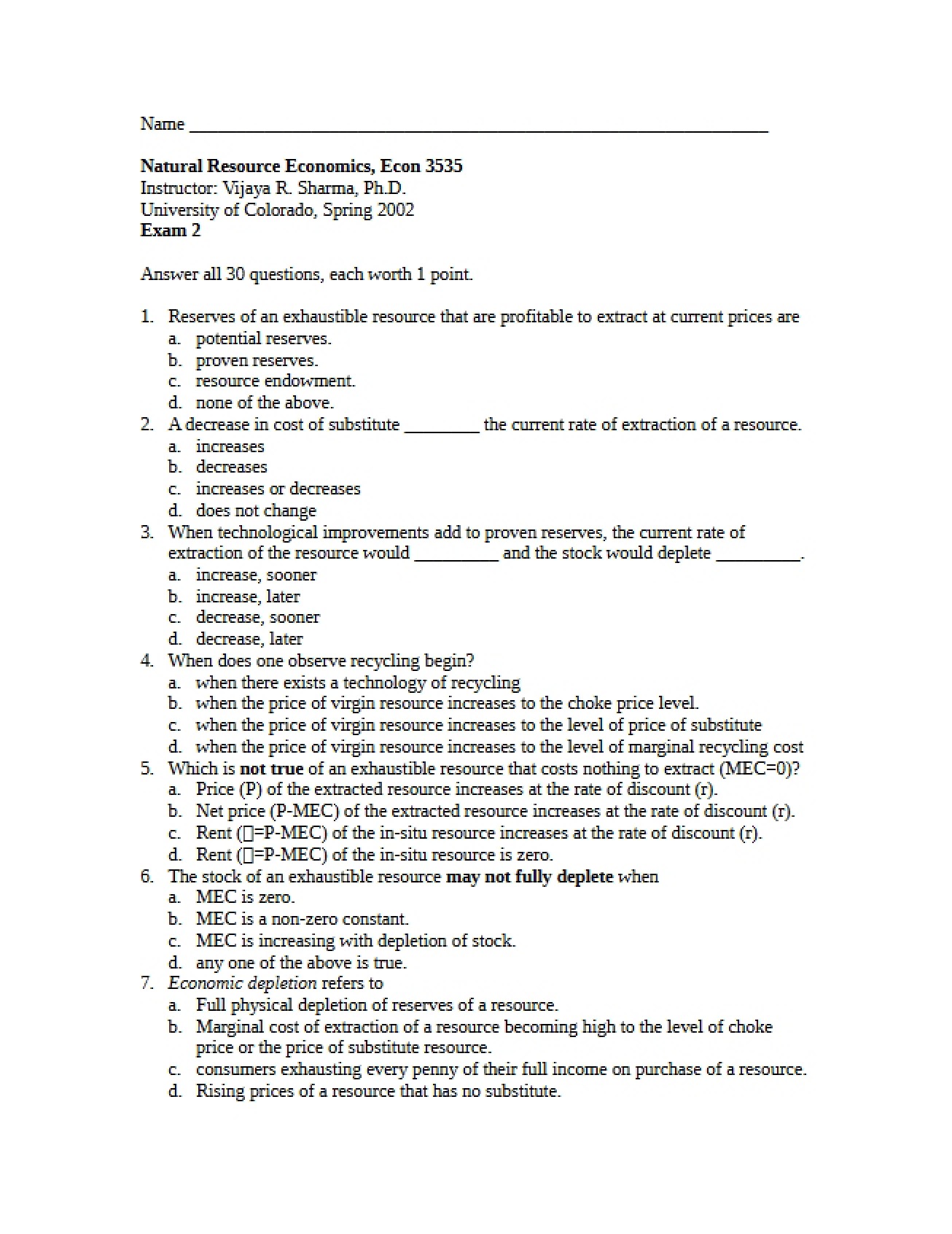 Second Examination for ECON 3535