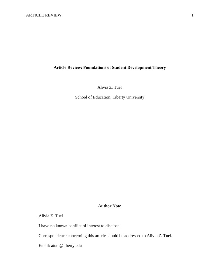 Foundations of Student Development Theory - Article Review