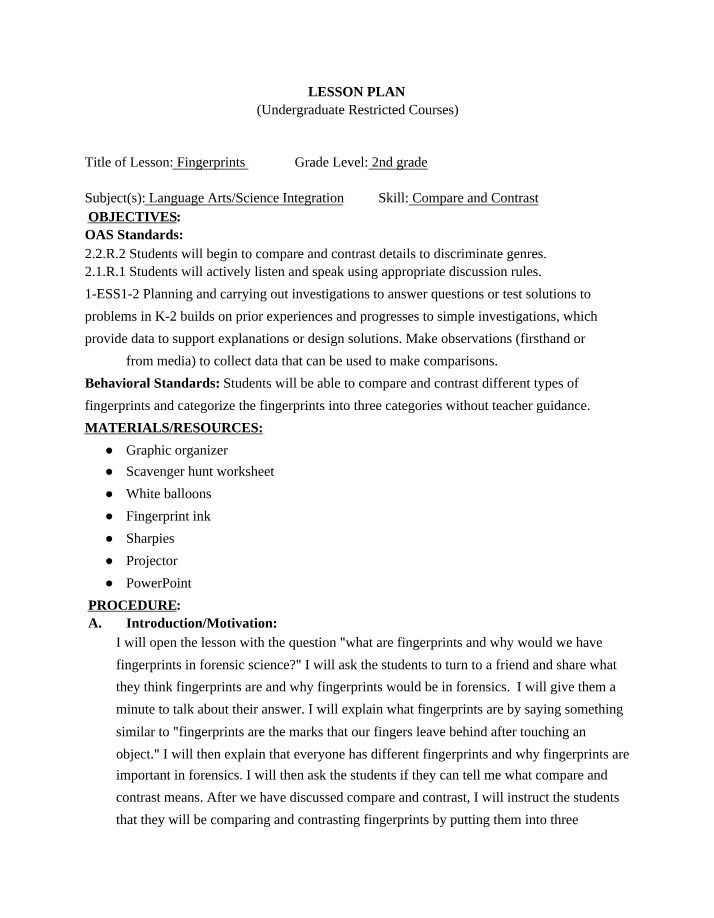 Fingerprints Lesson Plan for 2nd Grade