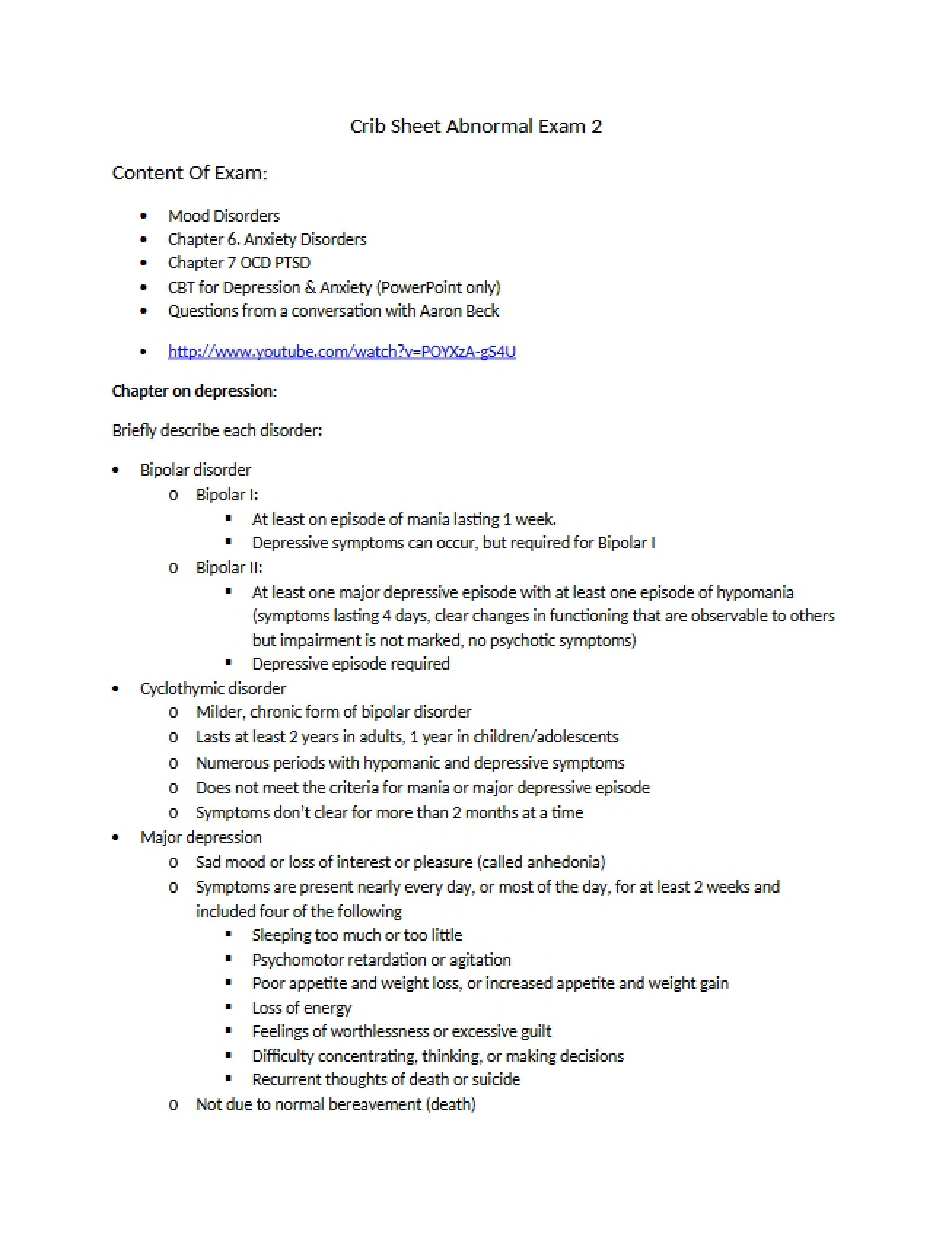 Second Exam for Abnormal Psychology