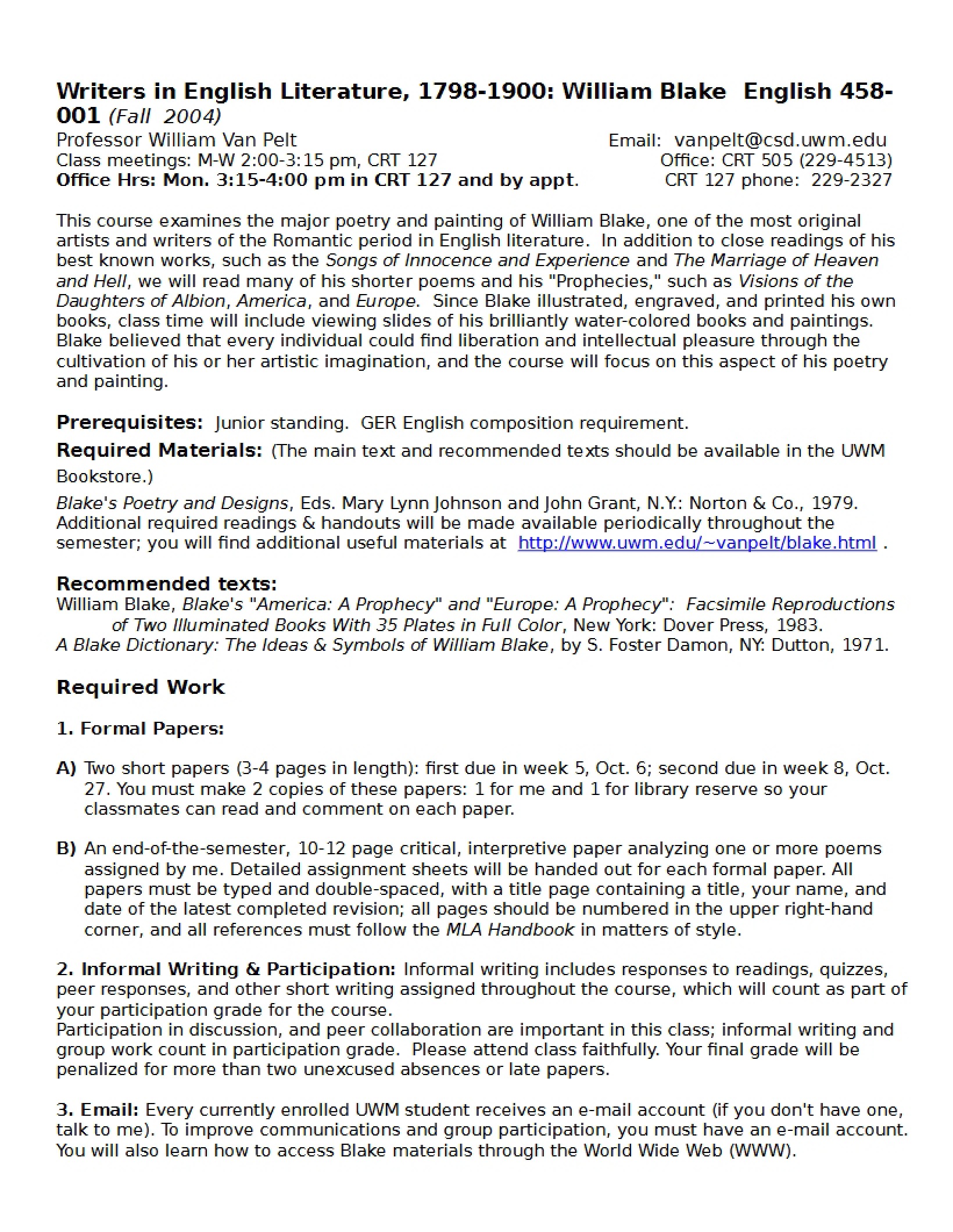 Syllabus for Writers in English Literature