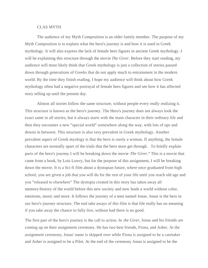 Hero's Journey in Greek Mythology and The Giver