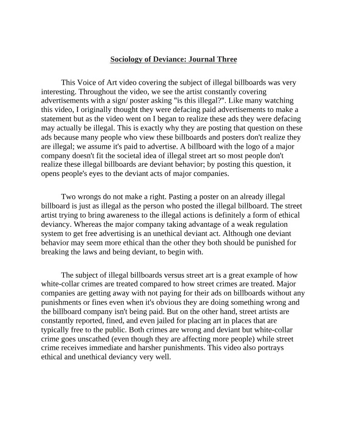 Journal Three - Sociology of Deviance