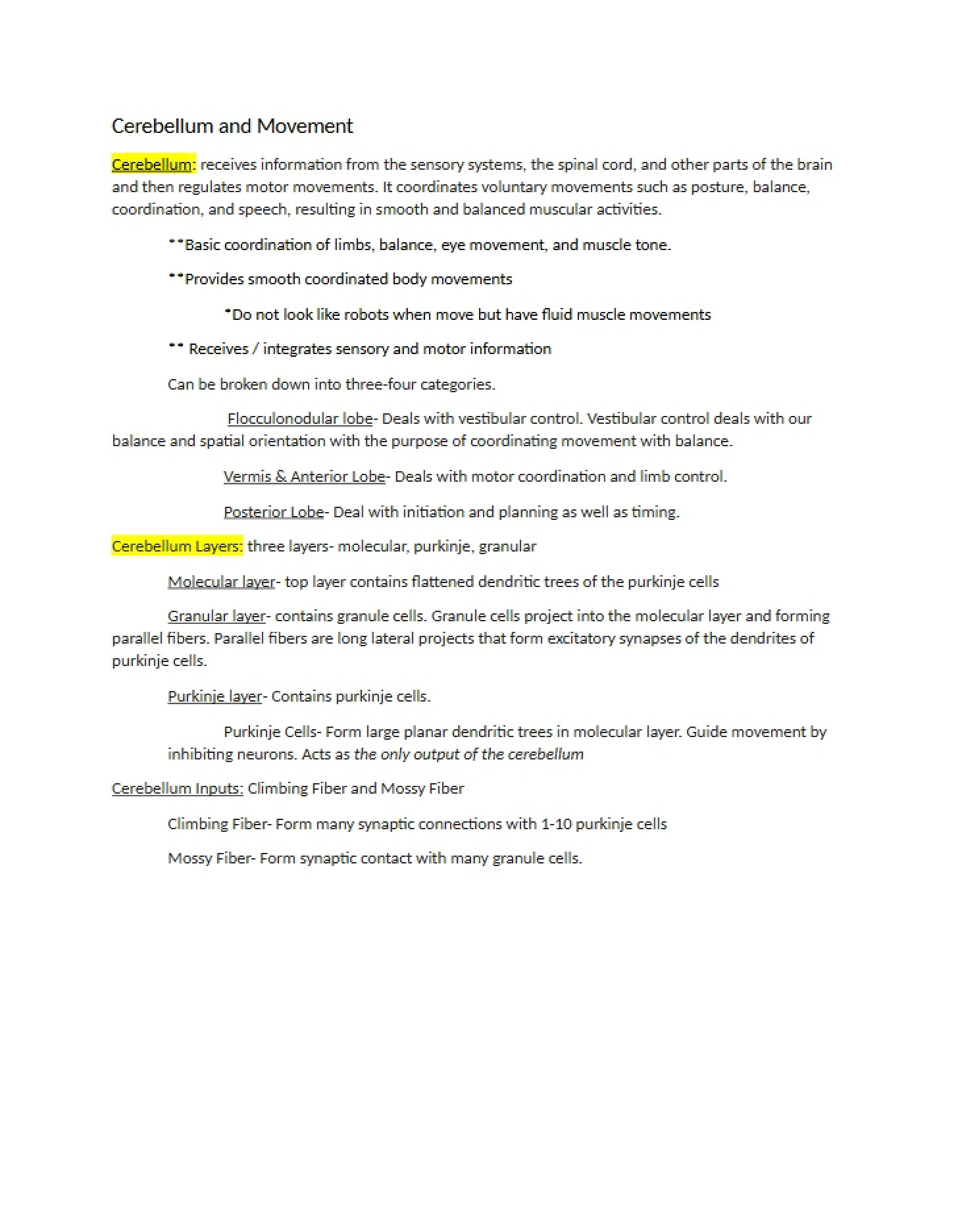 Notes on Movement and Cerebellum