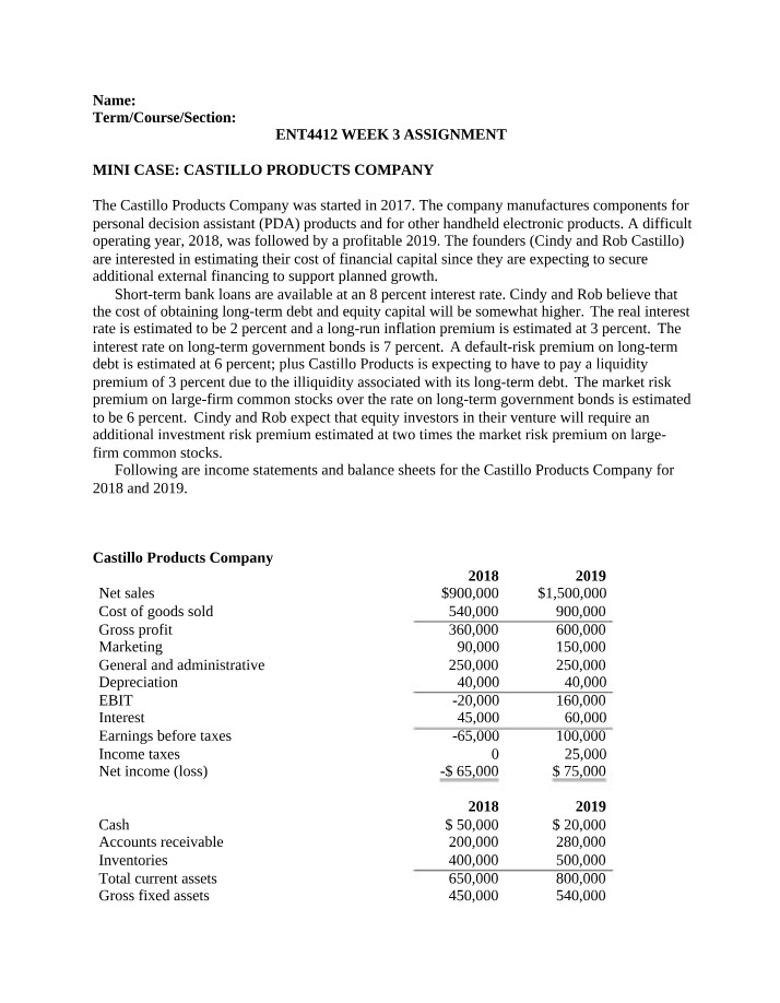 Financial Performance and Cost of Capital Calculation for Castillo Products