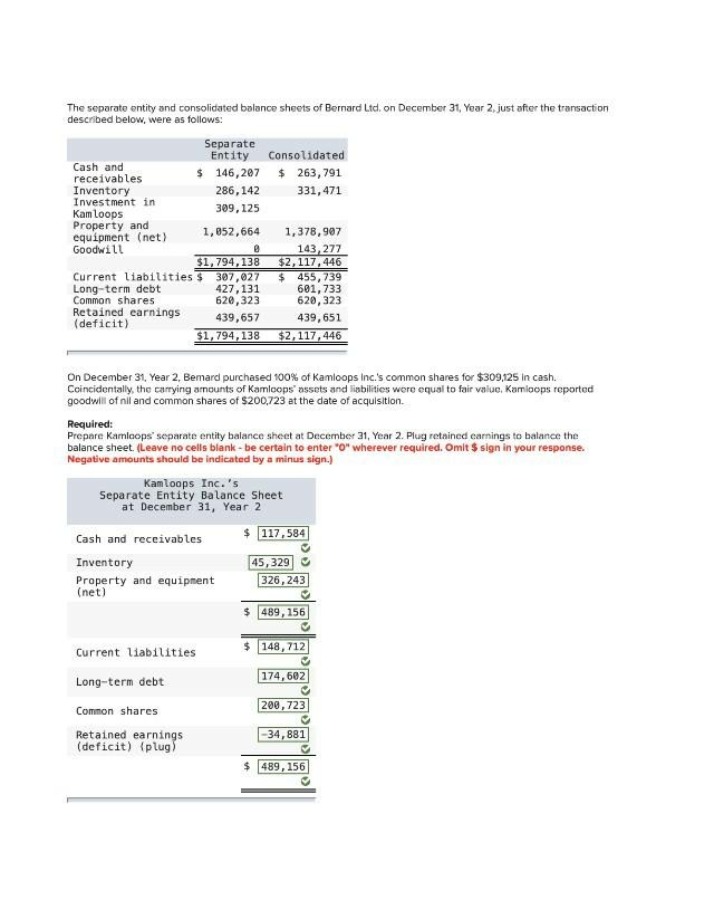 Separate Entity Balance Sheet - Kamloops Inc. December 31 Year 2