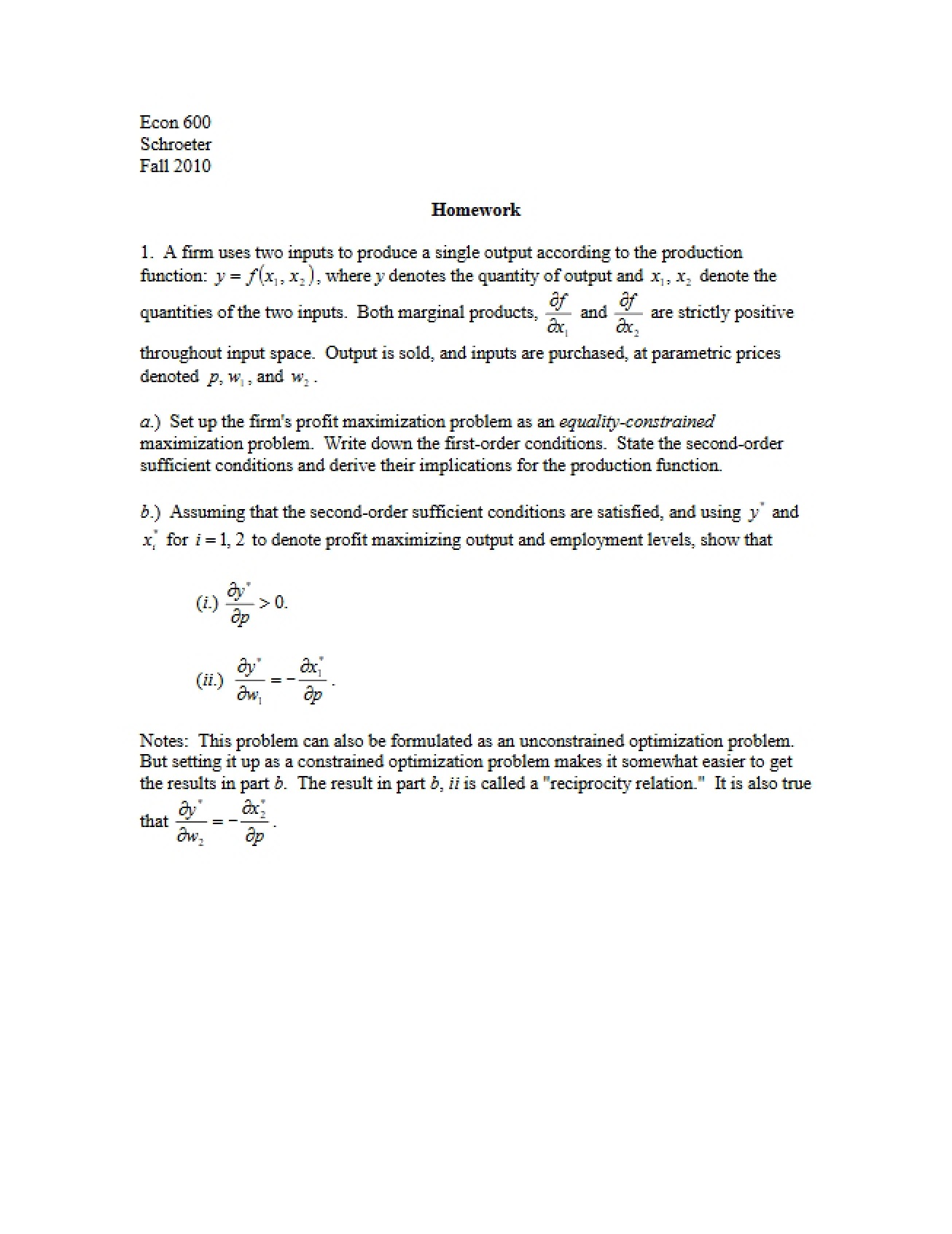 Homework Assignment from Fall 2010 for Quantitative Methods