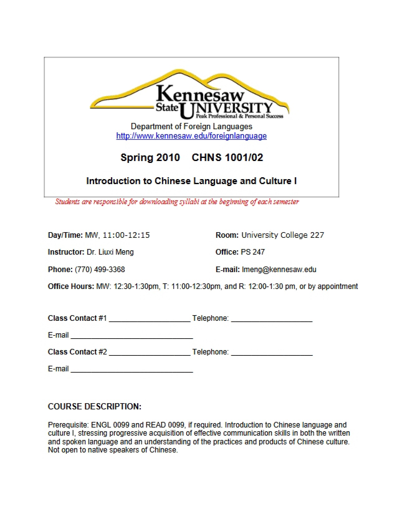 Sample Syllabus for a Course on Introduction to Chinese Language and Culture - 6 Pages
