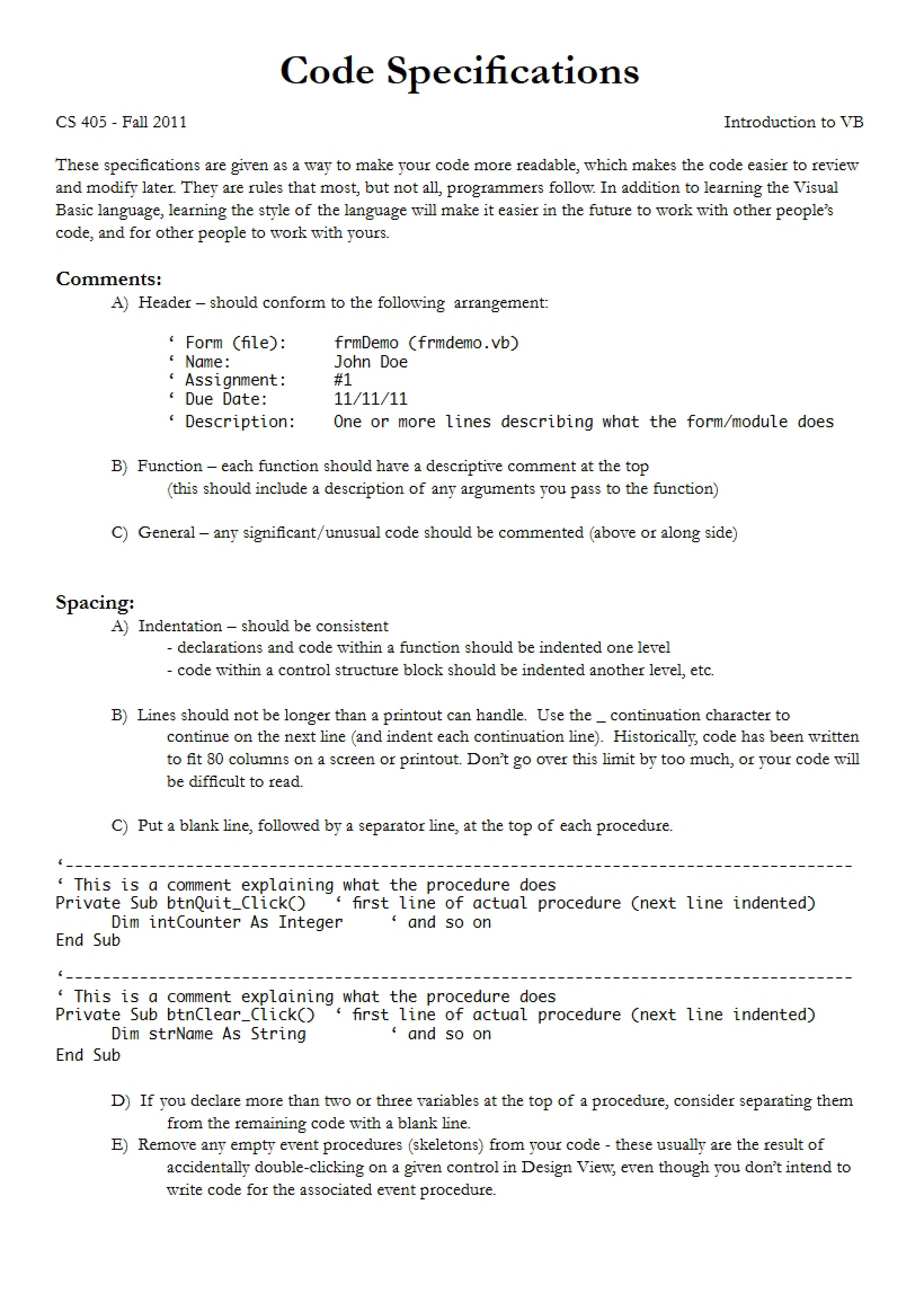 Specifications for Code