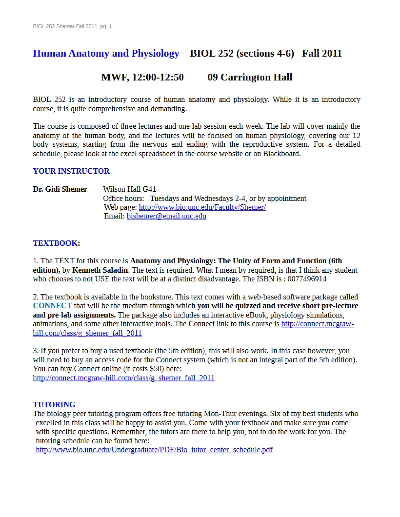 Course Syllabus for Biol 252