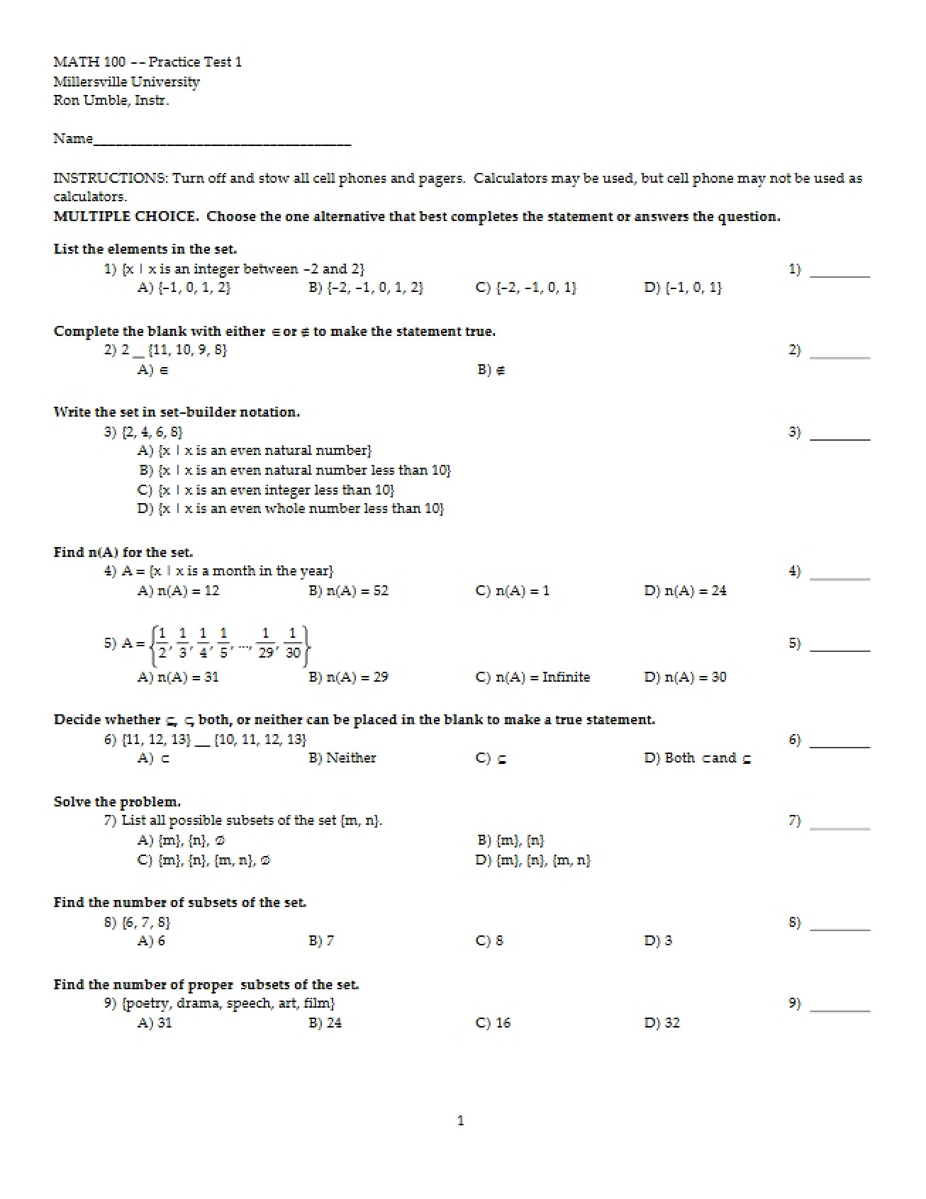 Course Guide for Math Survey