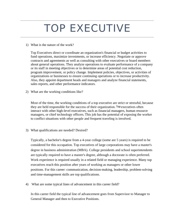 Executive Roles, Qualifications, and Outlook