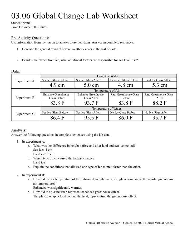 Lab Worksheet for Global Change