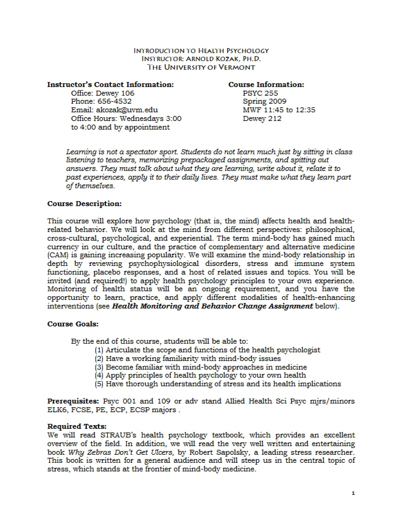 Course Plan for Health Psychology