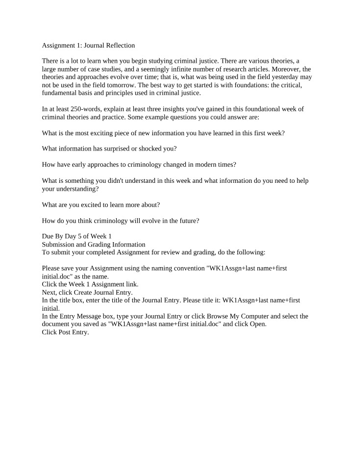 Assignment 1 Journal Reflection Notes