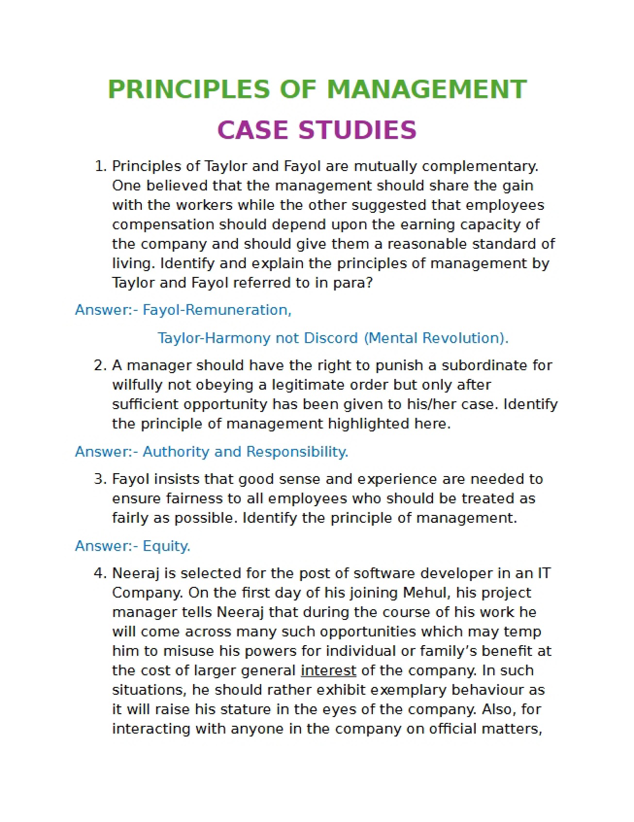 Case Studies on Management Principles